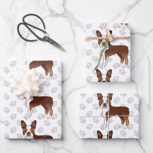 Red Boston Terrier Cartoon Dog Pattern & Grey Paws Geschenkpapier Set (Vorderseite)