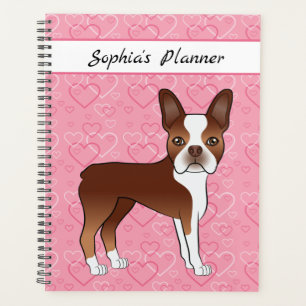Red Boston Terrier Dog auf rosa Herzen und Text Planer