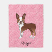 Red Boston Terrier Hund auf rosa Herzen und Name Fleecedecke (Vorderseite)