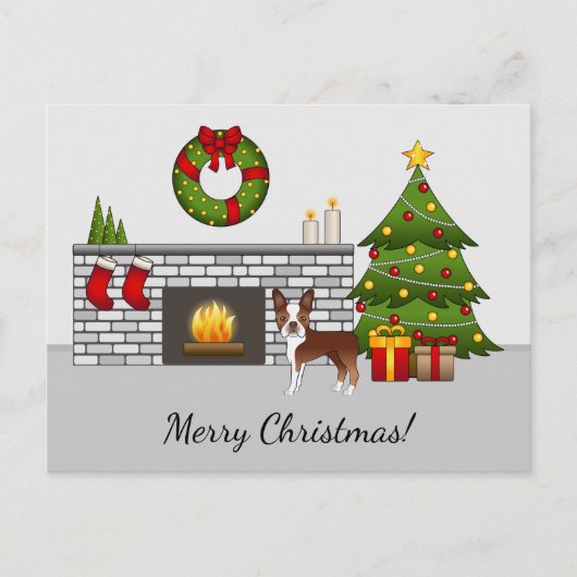 Red Boston Terrier in einem festlichen Weihnachtsz Postkarte (Vorderseite)