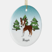 Red Boston Terrier in einem Winterwald & Name Keramik Ornament (Rechts)