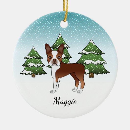 Red Boston Terrier in einem Winterwald & Name Keramik Ornament (Vorne)