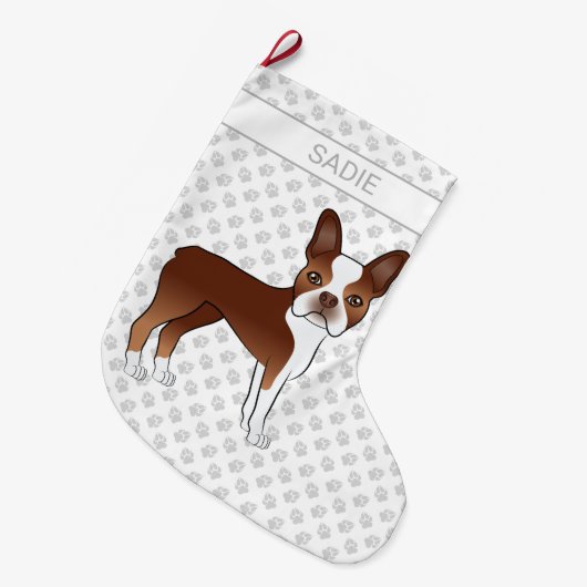 Red Boston Terrier Niedlich Cartoon Dog & Individu Großer Weihnachtsstrumpf (Vorderansicht (hängend))