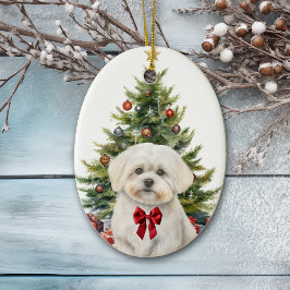 Red Bow Adorable Maltese Dog Weihnachten Keramik Ornament