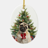 Red Bow Adorable Mops Dog Weihnachten Keramik Ornament (Vorne)