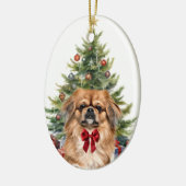 Red Bow Adorable Pekingese Dog Weihnachten Keramik Ornament (Links)