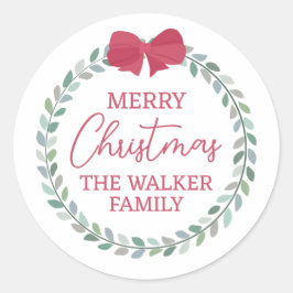 Red Bow-Adorned Wreath Frohe Weihnachten Runder Aufkleber