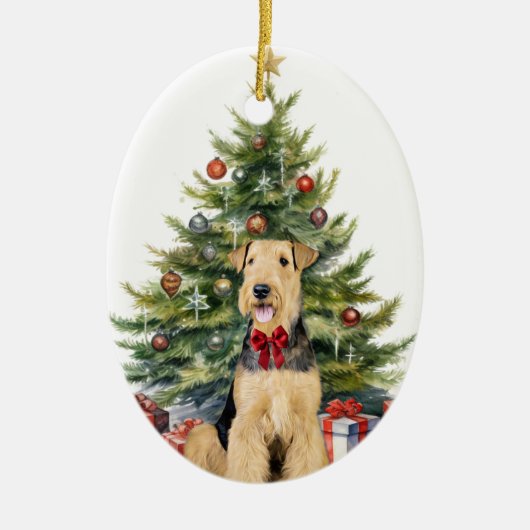 Red Bow Airedale Terrier Dog Weihnachten Keramik Ornament (Vorne)