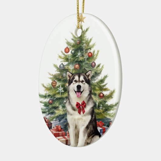 Red Bow Alaskan Malamute Dog Weihnachten Keramik Ornament (Links)