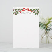 Red Bow and Holly Garland Christmas Stationery Briefpapier (Stehend Vorderseite)