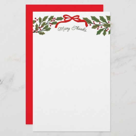 Red Bow and Holly Garland Christmas Stationery Briefpapier (Vorne/Hinten)