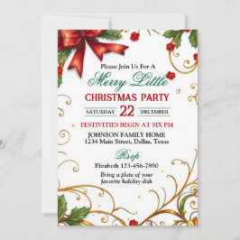 Red Bow and Ornate Gold Border Christmas Party Einladung
