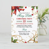 Red Bow and Ornate Gold Border Christmas Party Einladung (Stehend Vorderseite)