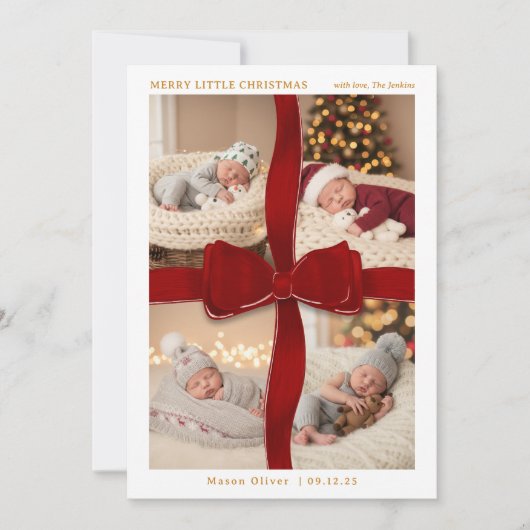 Red Bow Baby’s First Christmas Four Photo Card Einladung (Vorderseite)