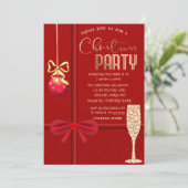 Red Bow, Ball, Champagne Glass Christmas Company Einladung (Stehend Vorderseite)