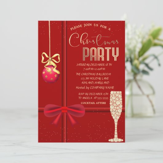 Red Bow, Ball, Champagne Glass Christmas Company Einladung (Stehend Vorderseite)