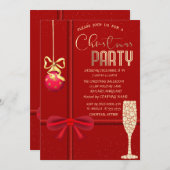 Red Bow, Ball, Champagne Glass Christmas Company Einladung (Vorne/Hinten)