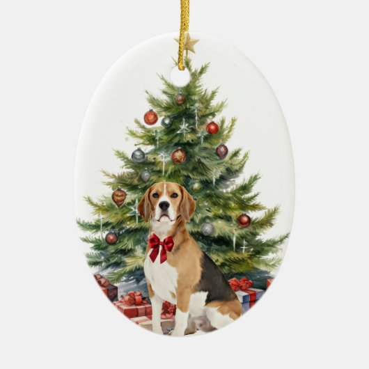 Red Bow Beagle Hound Dog Weihnachten Keramik Ornament (Vorne)
