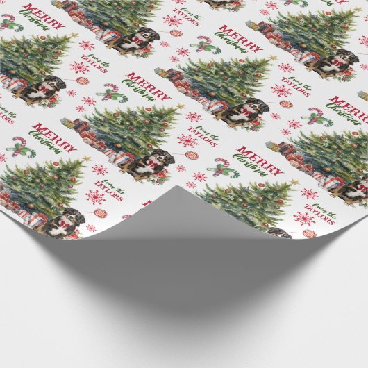 Red Bow Bernese Mountain Dog Holiday Tree Geschenkpapier (Ecke)