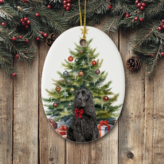 Red Bow Black Cocker Spaniel Dog Keramik Ornament