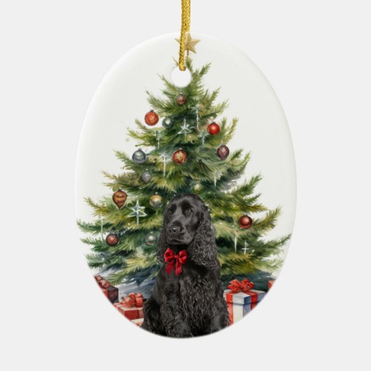 Red Bow Black Cocker Spaniel Dog Keramik Ornament (Vorne)