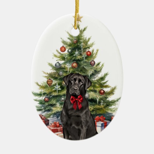 Red Bow Black Labrador Retriever Keramik Ornament (Vorne)