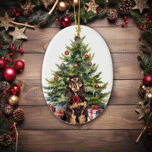 Red Bow Black Tan Cocker Spaniel Dog Keramik Ornament