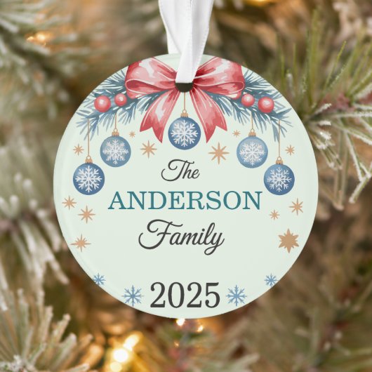 Red Bow Blue Ornaments Family Name 2025 Christmas Ornament (Baum)