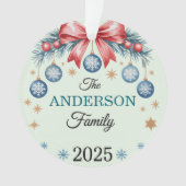 Red Bow Blue Ornaments Family Name 2025 Christmas Ornament (Vorderseite)