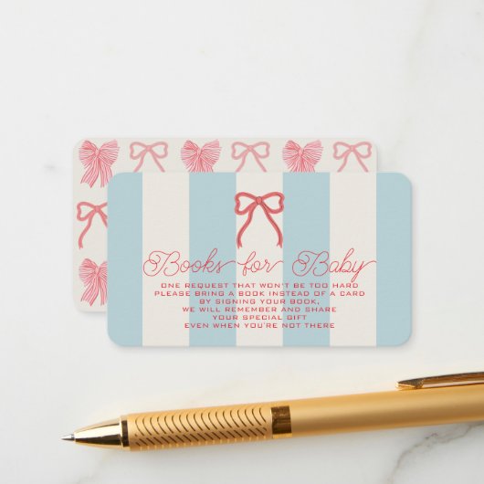 Red Bow & Blue Stripes Baby Shower Book Request Begleitkarte (Vorderseite/Rückseite Beispiel)