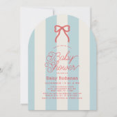 Red Bow & Blue Stripes Baby Shower Einladung (Vorderseite)