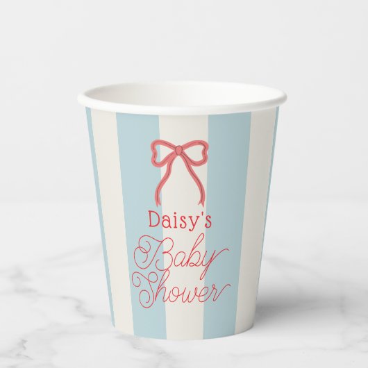Red Bow & Blue Stripes Baby Shower Pappbecher (Vorderseite)