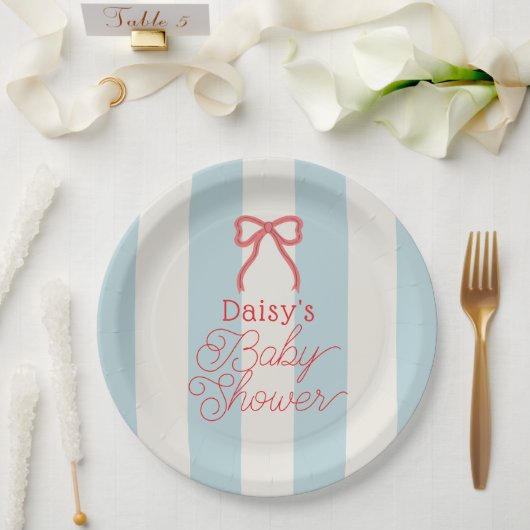 Red Bow & Blue Stripes Baby Shower Pappteller (Hochzeit)