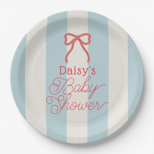 Red Bow & Blue Stripes Baby Shower Pappteller (Vorderseite)