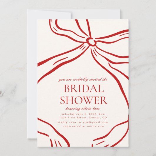 Red Bow Bridal Dusche Einladung (Vorderseite)