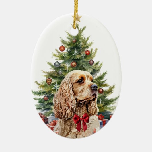 Red Bow Buff Blonde Cocker Spaniel Dog Keramik Ornament (Vorne)