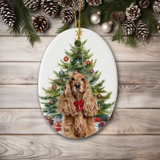 Red Bow Buff Cocker Spaniel Dog Weihnachten Keramik Ornament