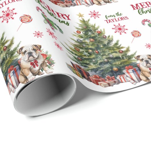 Red Bow Bulldog Holiday Tree Geschenkpapier (Rolleneckpunkt)