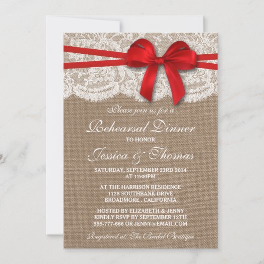 Red Bow Burlap & Lace Hochzeit Probe Dinner Einladung (Vorderseite)