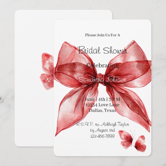 Red Bow Butterflies Bridal Shower   Einladung (Vorne/Hinten)