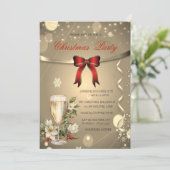 Red Bow, Champagne Poinsettia Company Weihnachten Einladung (Stehend Vorderseite)