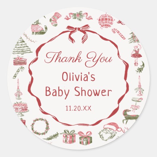 Red Bow Christmas Baby Shower Sticker (Vorderseite)
