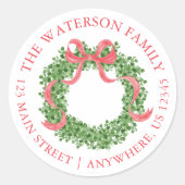 Red Bow Christmas Boxwood Kreath Adresse Runder Aufkleber (Vorderseite)
