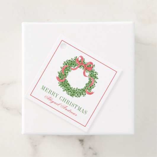 Red Bow Christmas Boxwood Wreath Geschenkanhänger (Beispiel)