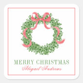 Red Bow Christmas Boxwood Wreath Quadratischer Aufkleber (Vorderseite)