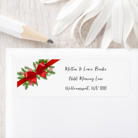Red Bow Christmas Mailadresse Labels (Insitu)