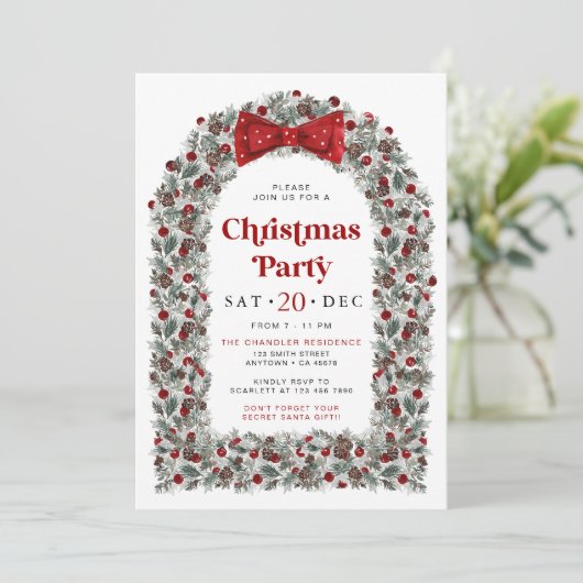 Red Bow Christmas Party Invitation Holiday Dinner Einladung (Stehend Vorderseite)