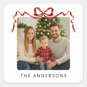 Red Bow Christmas Photo Quadratischer Aufkleber (Vorderseite)