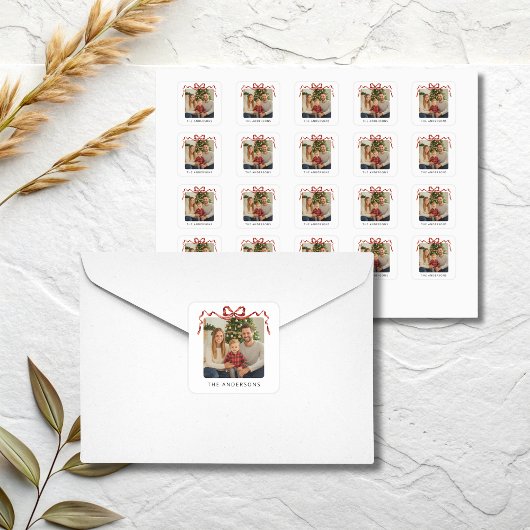 Red Bow Christmas Photo Quadratischer Aufkleber