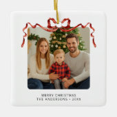 Red Bow Christmas Photo Square Keramikornament (Vorderseite)